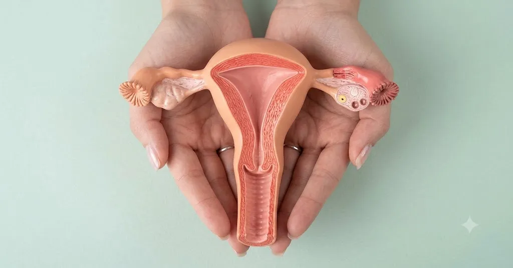 Mãos segurando um modelo anatômico do útero